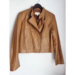 Michael Kors Women's 100% Lambskin Leather Moto Jacket L Brown Gold Biker